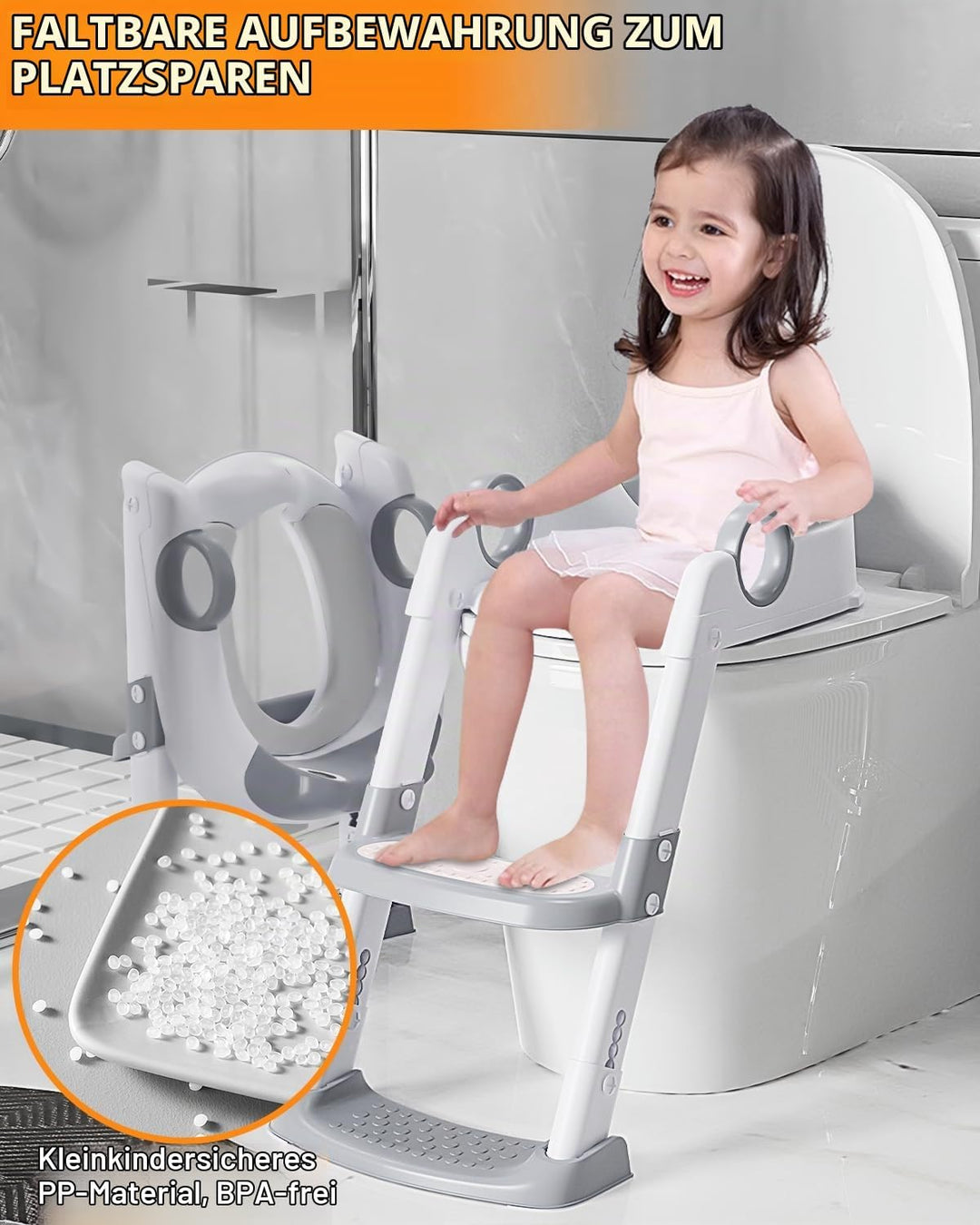 Toilettensitz Kinder mit Treppe, WC Sitz Kinder für Jungen und Mädchen, Höhenverstellbar und Klappba