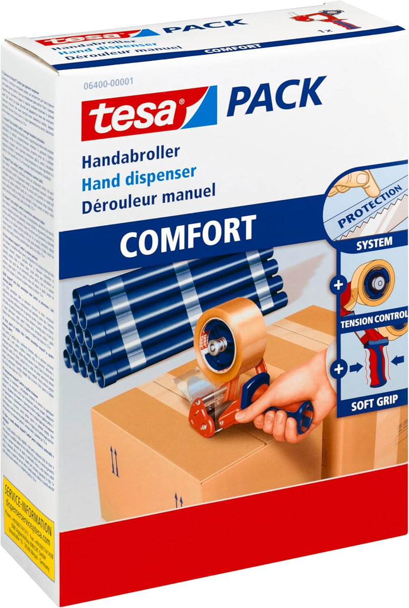 tesa 6400 Packband Handabroller COMFORT - Hochwertiger, robuster Abroller für Paketbänder - Profi-Qu