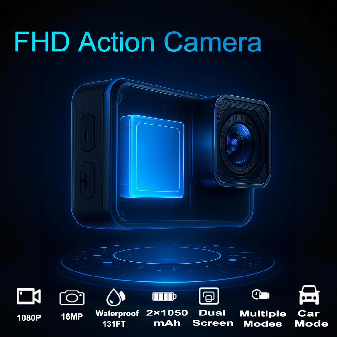 Action Cam FHD 1080P Dual-Screen Unterwasserkamera | wasserdicht bis 40M, Actionkamera mit 2×1050-mA
