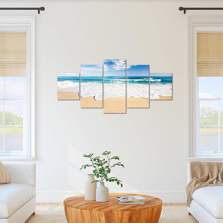 Runa Art Bild Schlafzimmer Wohnzimmer Strand Meer 5 Teilig Welle Beige Blau Wandbilder auf Vlies Lei