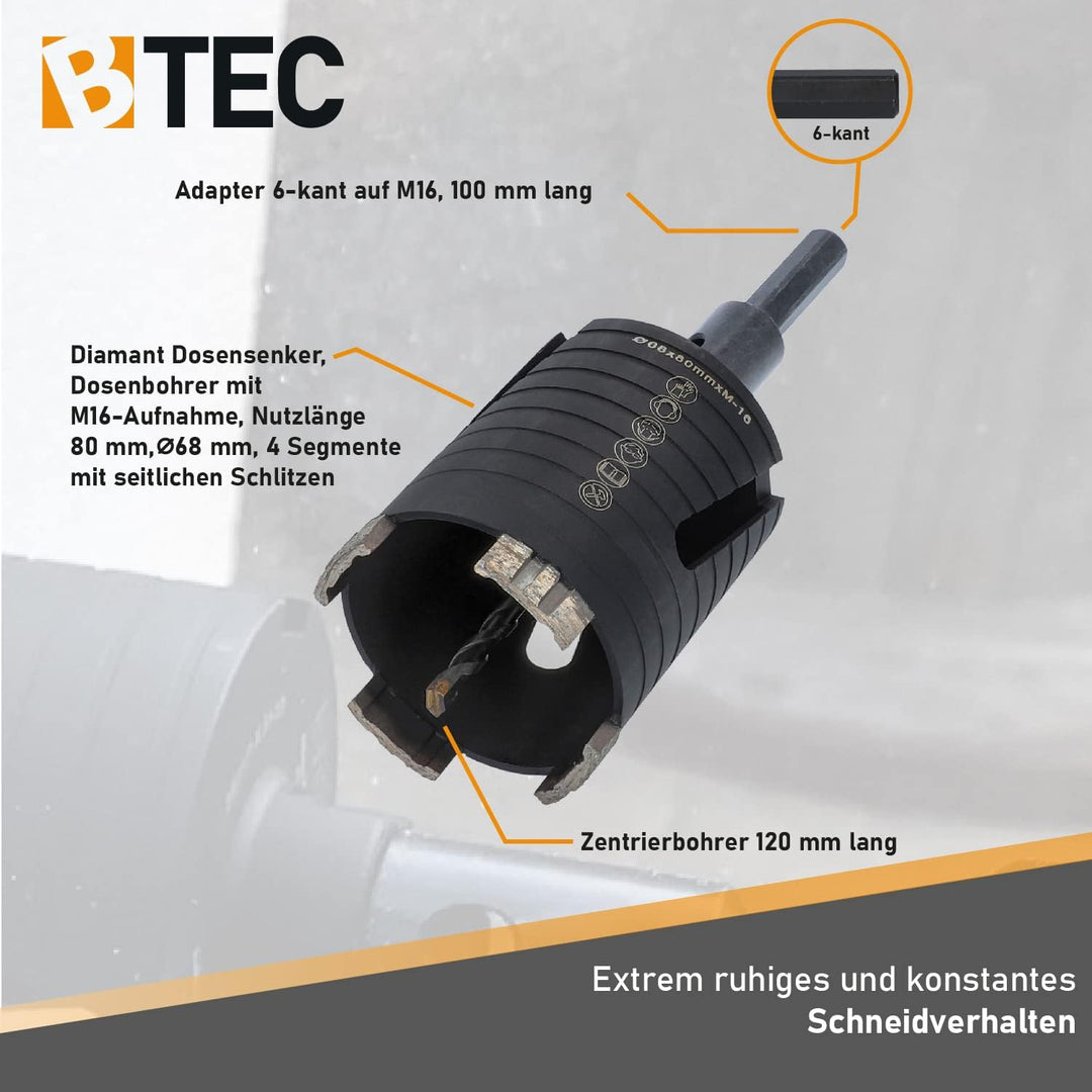 BTEC – Diamant Dosensenker 68 mm mit M16-Aufnahme + 80 mm Nutzlänge – Dosenbohrer für Mauerwerk, Kal