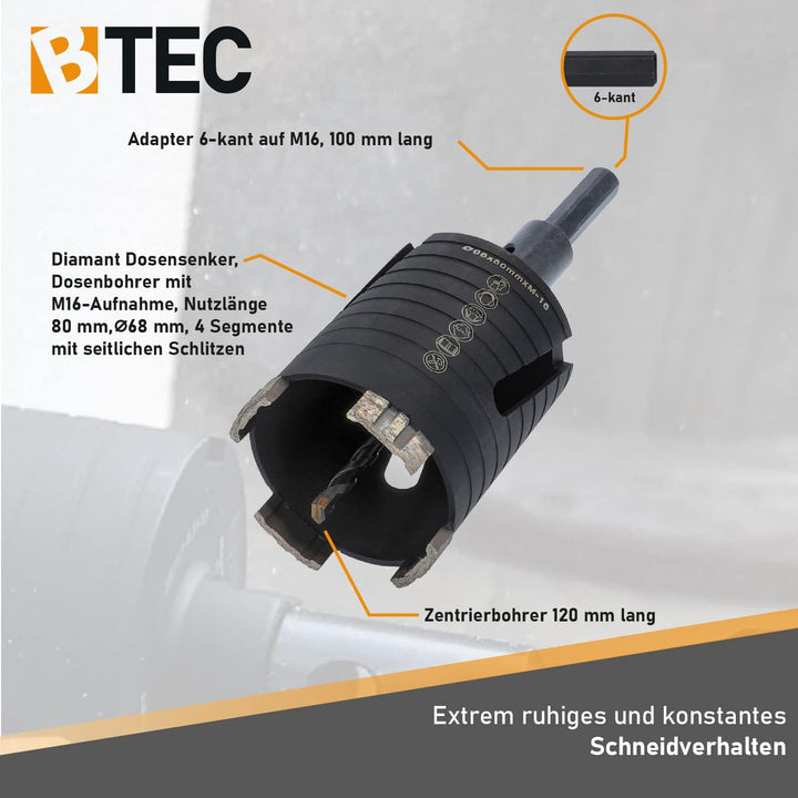 BTEC – Diamant Dosensenker 68 mm mit M16-Aufnahme + 80 mm Nutzlänge – Dosenbohrer für Mauerwerk, Kal