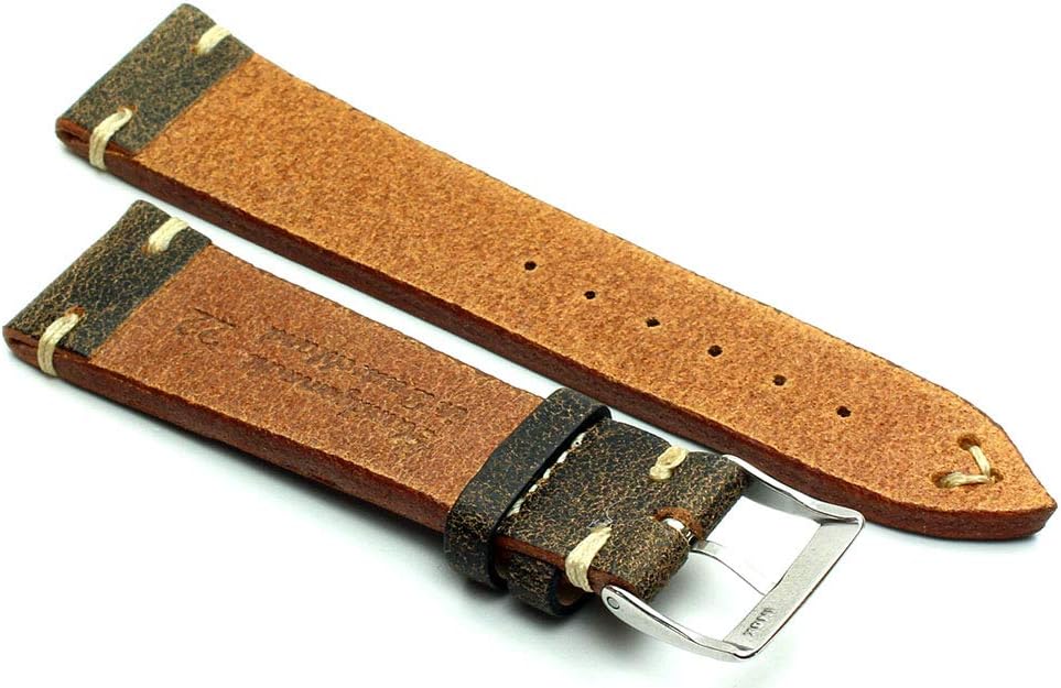 Sulla 22 mm Vintage Leder Uhrenarmband Handgemacht in Deutschland Retro Look Braun weisse Naht