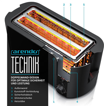 Arendo - Toaster Edelstahl Langschlitz 4 Scheiben - Doppelwandgehäuse - Integrierter Brötchenhalter