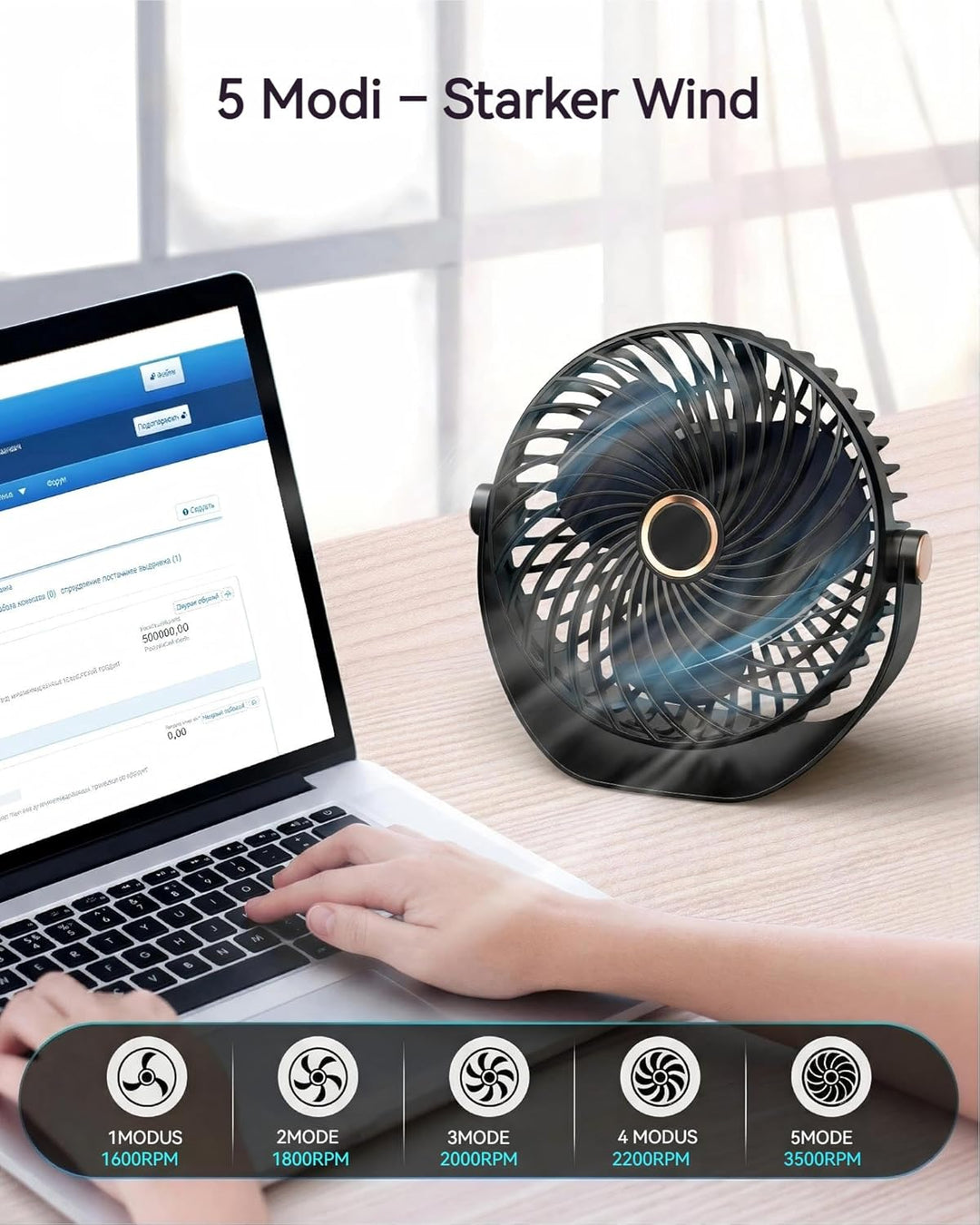 Tischventilator Klein, Leiser Mini Ventilator 26dB, 5 Geschwindigkeiten,3000mAh Akku,360° Verstellba