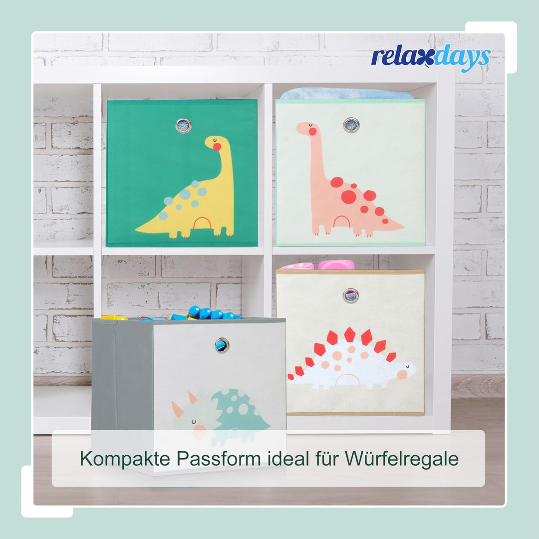 Relaxdays 4er Set, Kinder Aufbewahrungsboxen, süsse Dino-Motive, Faltbox für Würfelregale, HBT: 30x3
