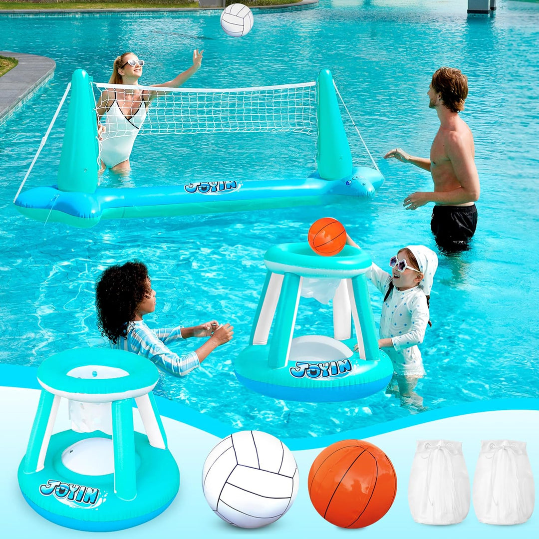 JOYIN Aufblasbare Pool Float Set, Volleyballnetz & Basketballkörbe & Bälle für Kinder Erwachsene, Wa