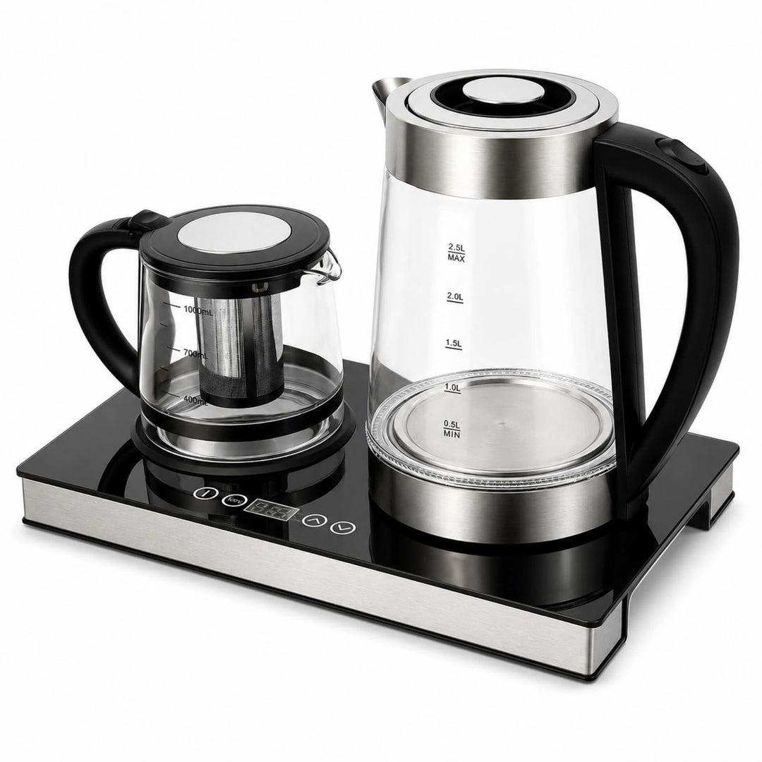 Elektrischer Wasserkocher 2,5L+1L Edelstahl &amp; Glas Teekocher mit Warmhaltefunktion,Teesieb und LCD-T