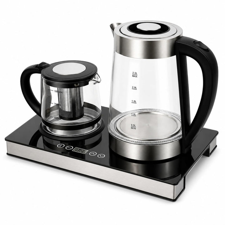 Elektrischer Wasserkocher 2,5L+1L Edelstahl &amp; Glas Teekocher mit Warmhaltefunktion,Teesieb und LCD-T