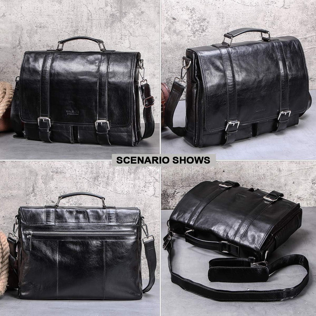 Contacts Echtes Leder 14" Herren Messenger Schultertasche Laptop Aktentasche Schwarz, Schwarz