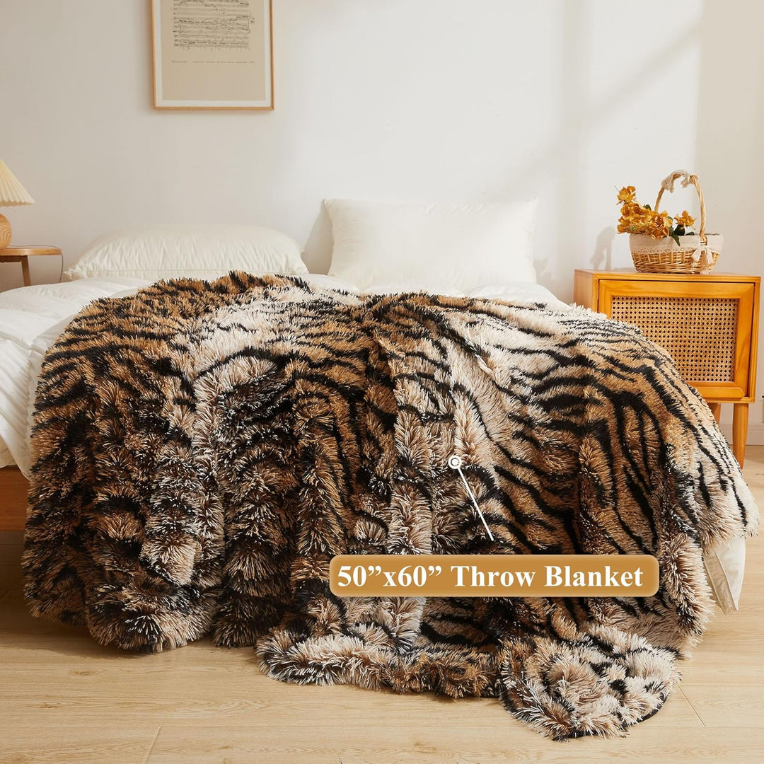 XeGe Luxus Kunstfell-Tigermuster-Decke, Weiche 127x152 cm Tigermuster Flauschige Decke, Schilfartige