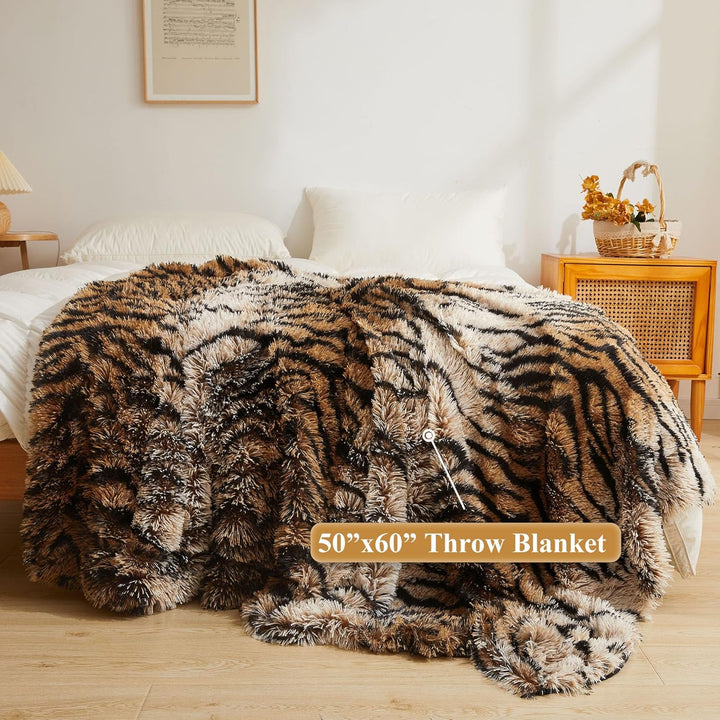 XeGe Luxus Kunstfell-Tigermuster-Decke, Weiche 127x152 cm Tigermuster Flauschige Decke, Schilfartige