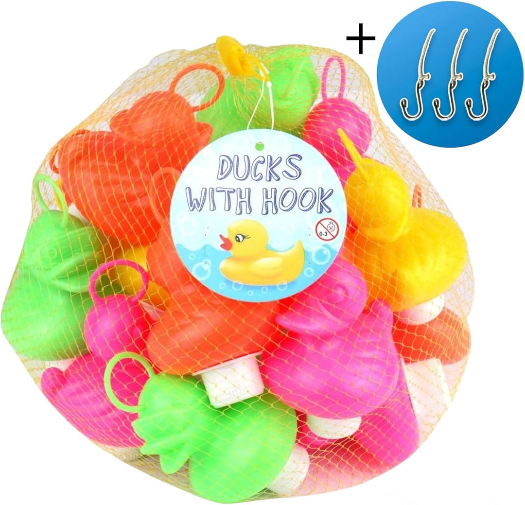 Enten-Angel-Set mit 20 bunten Kunststoff-Enten mit Haken und Gewichten, inkl. 3 Haken, Badespielzeug