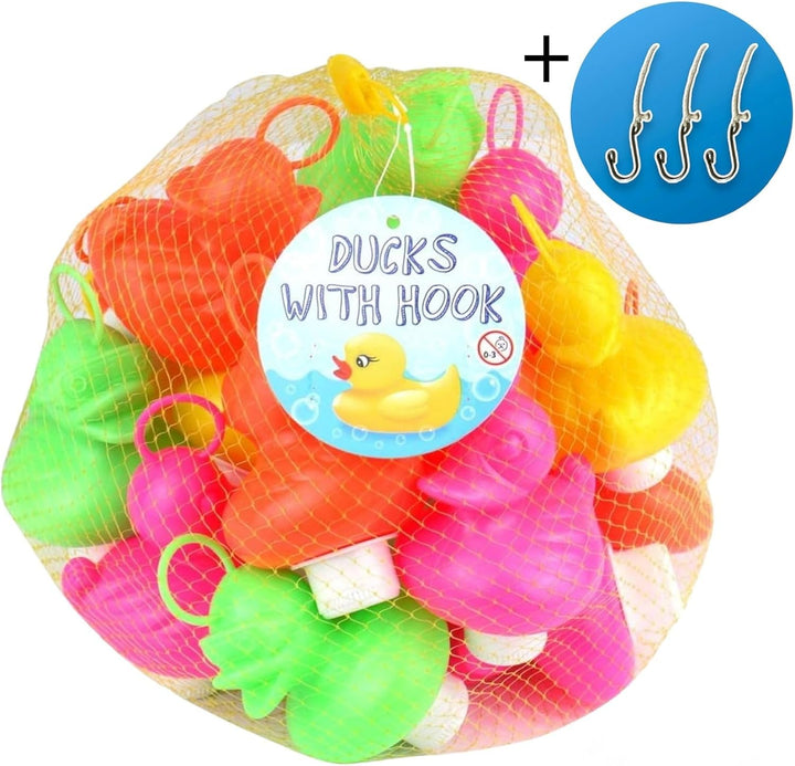 Enten-Angel-Set mit 20 bunten Kunststoff-Enten mit Haken und Gewichten, inkl. 3 Haken, Badespielzeug