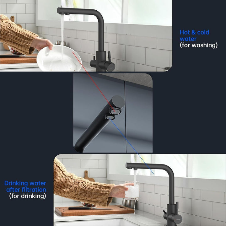 DAYONE Schwarz 3 Wege Wasserhahn mit Filter, SUS304 Edelstahl Trinkwasserhahn, 360 Drehbarer Wasserh