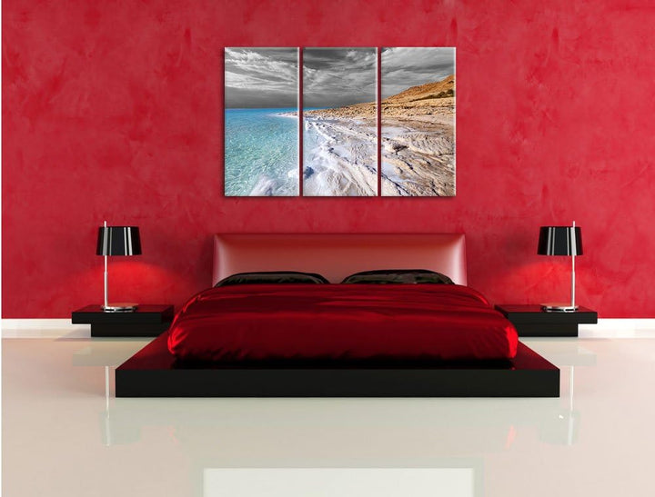 Pixxprint Das Tote Meer bei Tag Schwarz/Weiss 3-Teiler Leinwandbild 120x80 Bild auf Leinwand