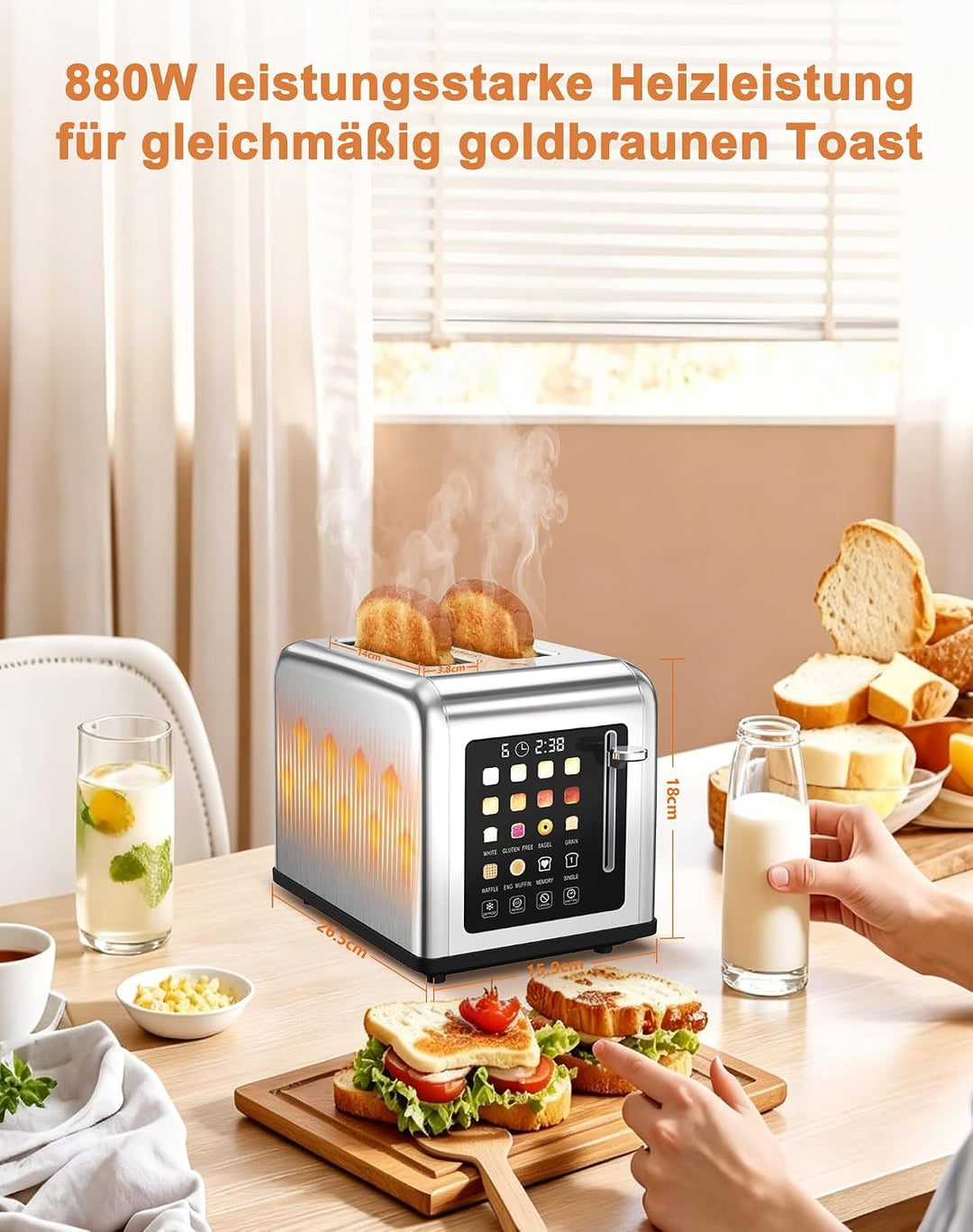 Toaster 2 Scheiben, Edelstahl Toaster mit Touchscreen, Countdown-Anzeige &amp; Memory-Funktion, 2 Toasts