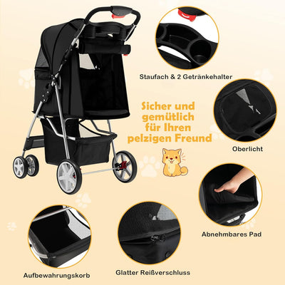 COSTWAY Hundewagen Haustiere Buggy bis 15kg, Hundebuggy mit Netzfenstern & Getränkehalter & Anhänger