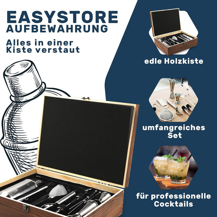 Grevening® Cocktail Shaker Set 16-teilig in praktischer und edler Holzkiste, tolle Geschenkverpackun