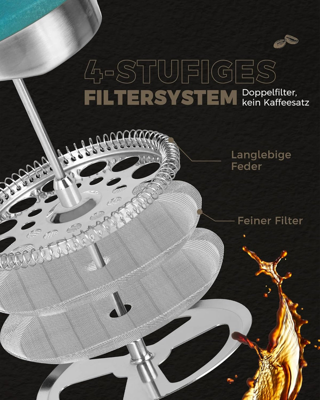 Poliviar French Press aus Edelstahl, Thermo Kaffeebereiter Doppelwandig isoliert, Kaffeebereiter 1 L