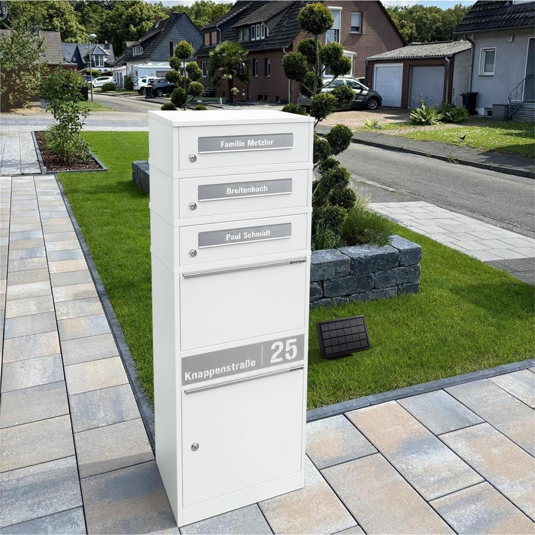 Metzler Paketbriefkasten mit LED-Beleuchtung und Namensgravur, solarbetrieben und abschliessbar, Wei