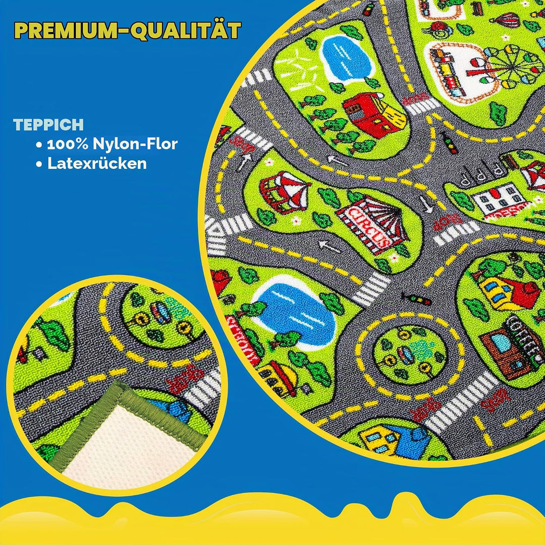 2 Teppich Kinderzimmer 80x150cm (Gesamt 160x150cm) für Kinder ab 3 Jahren, Spielteppich Strasse Kind
