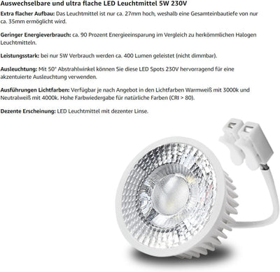 trendlights24 Decora Decken Einbaustrahler flach 35 mm 230V 5er Set - LED Spots je 5W Warmweiss 400l