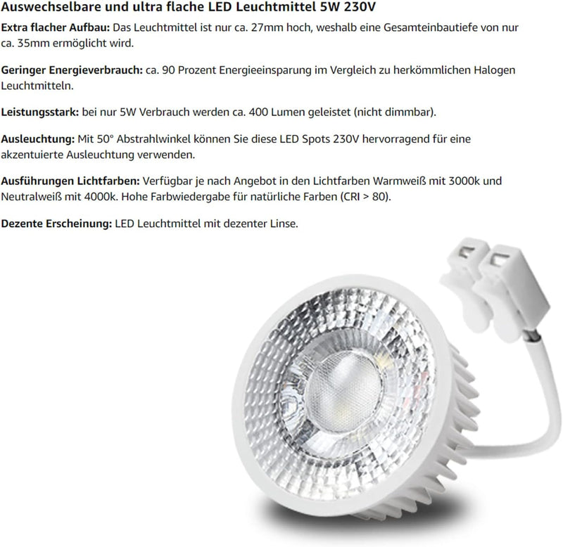 trendlights24 Decora Decken Einbaustrahler flach 35 mm 230V 10er Set - LED Spots je 5W Warmweiss 400