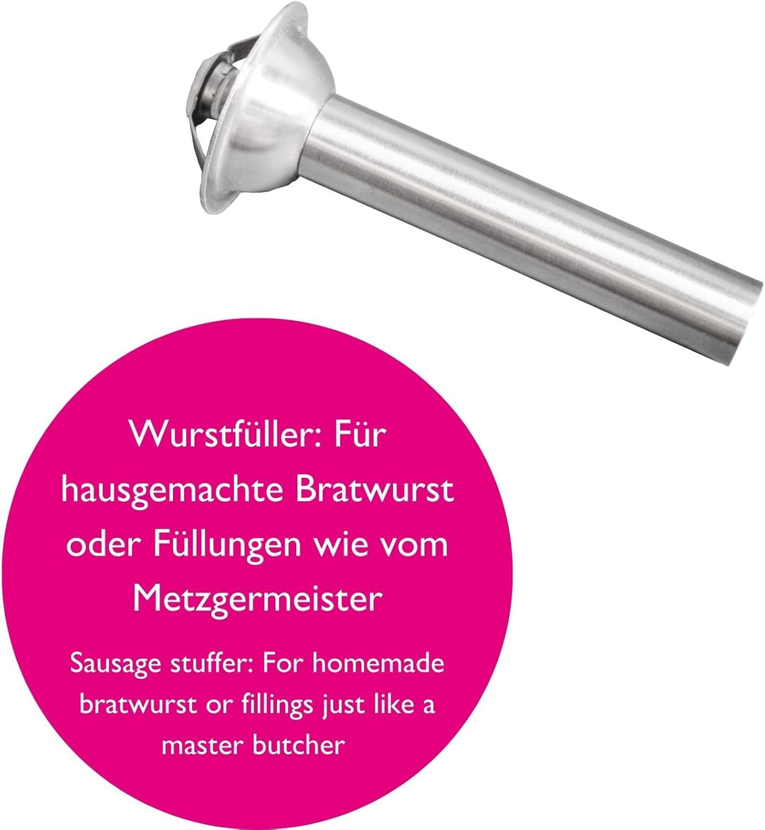 Fleischwolf "Schredder" aus hochwertigem Edelstahl inkl. Lochscheiben, Messer, Wurstfüllhorn, Spritz