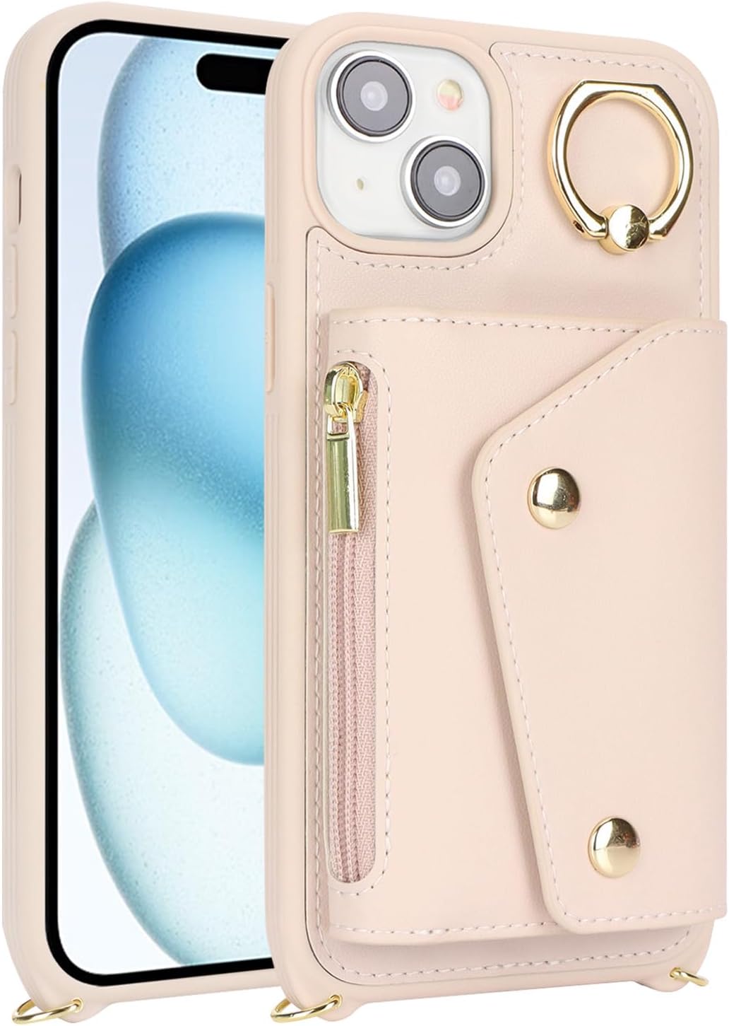 Lipvina Hülle für iPhone 15 Mit Band, Kartenhalter, Reissverschluss, Ring Ständer - Handyhülle Case