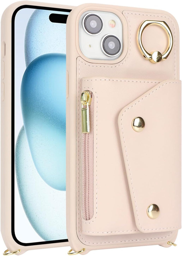 Lipvina Hülle für iPhone 15 Mit Band, Kartenhalter, Reissverschluss, Ring Ständer - Handyhülle Case