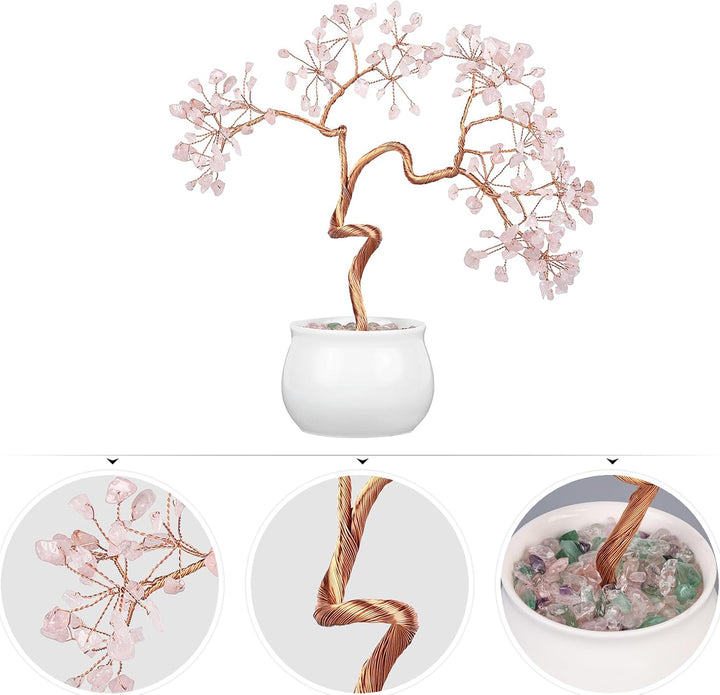 Nupuyai Rosenquarz Kristall Baum Feng Shui Edelstein Baum mit Keramische Basis, Glücksbaum, Geldbaum