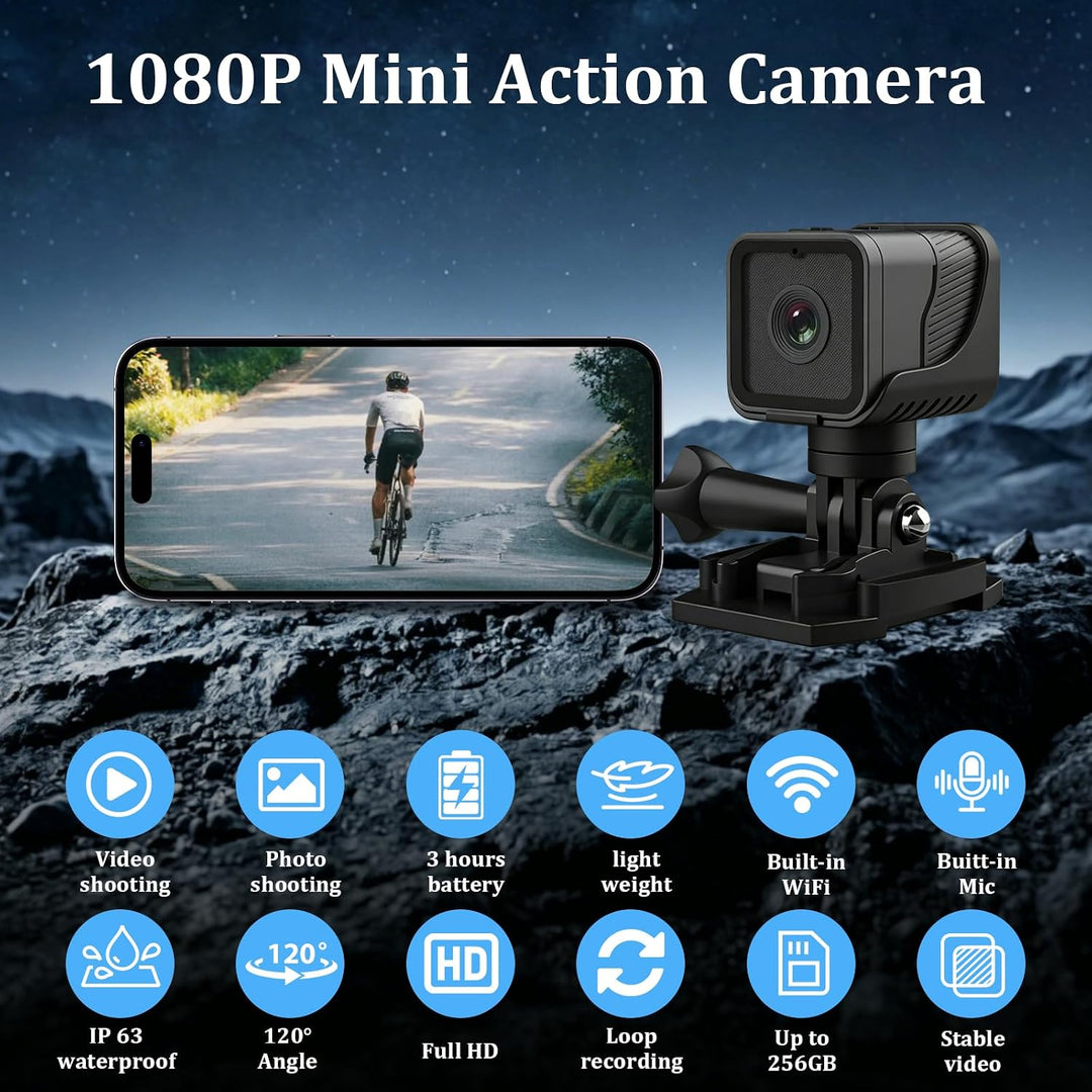 Mini Action Cam WiFi 1080P HD &amp; 120° Weitwinkel wasserdichte Sportkamera mit Loop-Aufnahme 900 mAh A