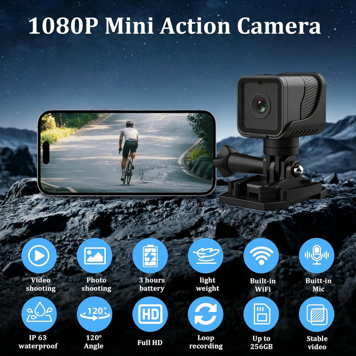 Mini Action Cam WiFi 1080P HD &amp; 120° Weitwinkel wasserdichte Sportkamera mit Loop-Aufnahme 900 mAh A