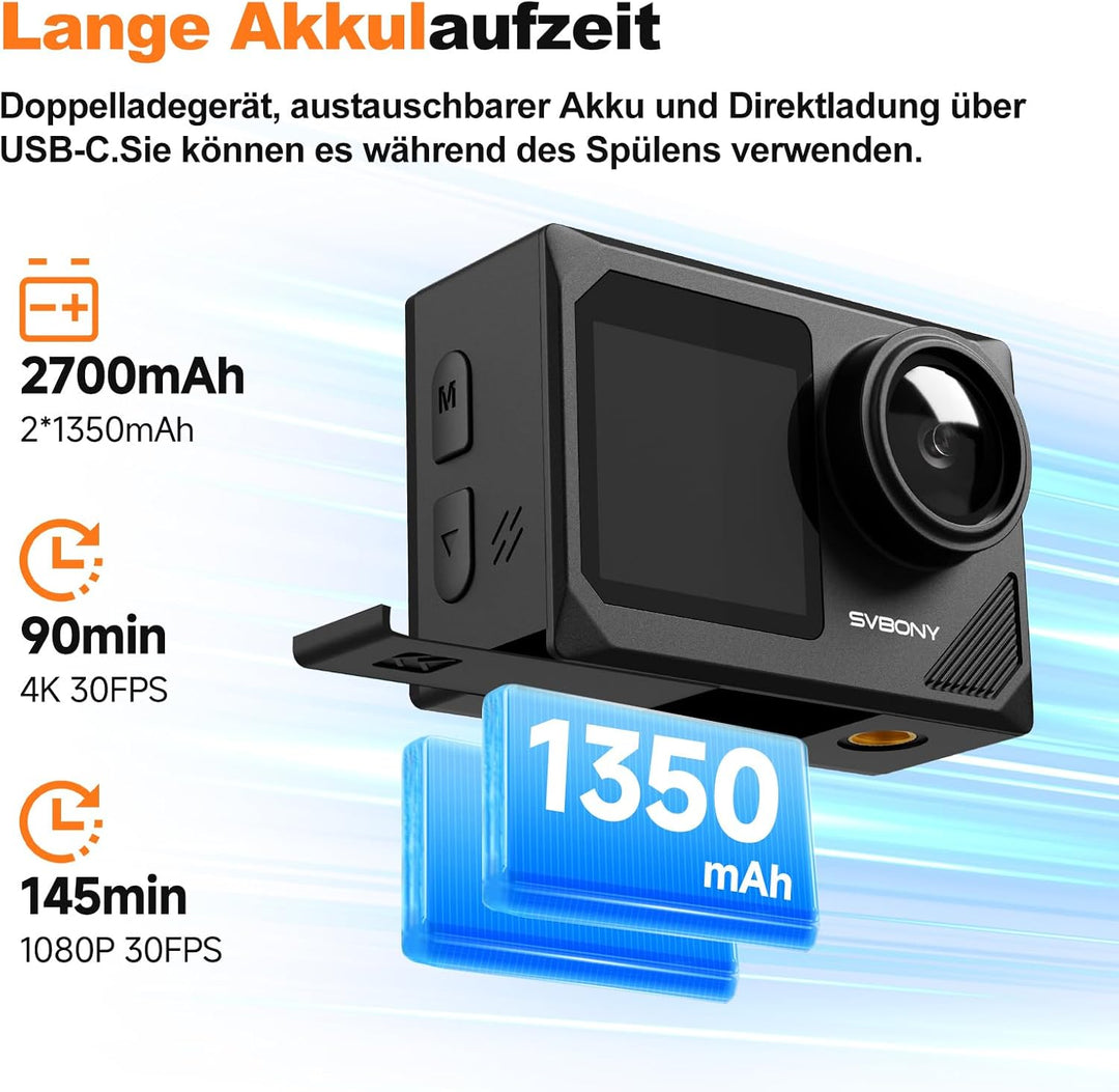 SVBONY SVGo2 4K Unterwasserkamera, Touchscreen 50 MP Action Kamera, Zwei Bildschirme, wasserdichte 3