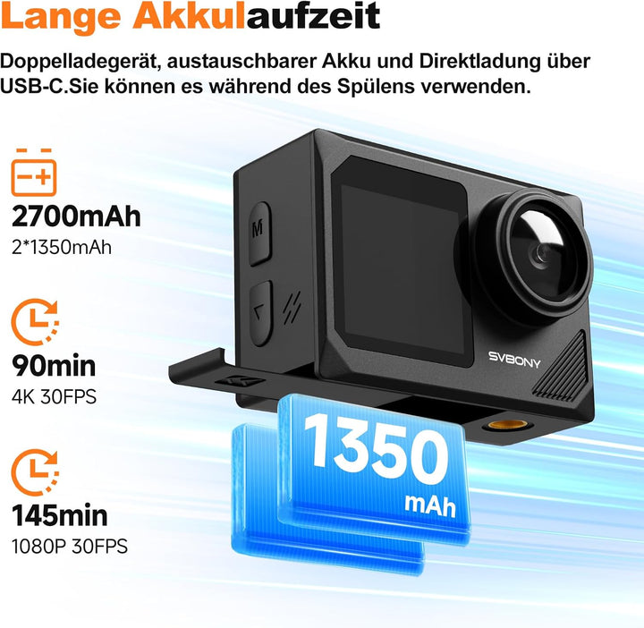 SVBONY SVGo2 4K Unterwasserkamera, Touchscreen 50 MP Action Kamera, Zwei Bildschirme, wasserdichte 3