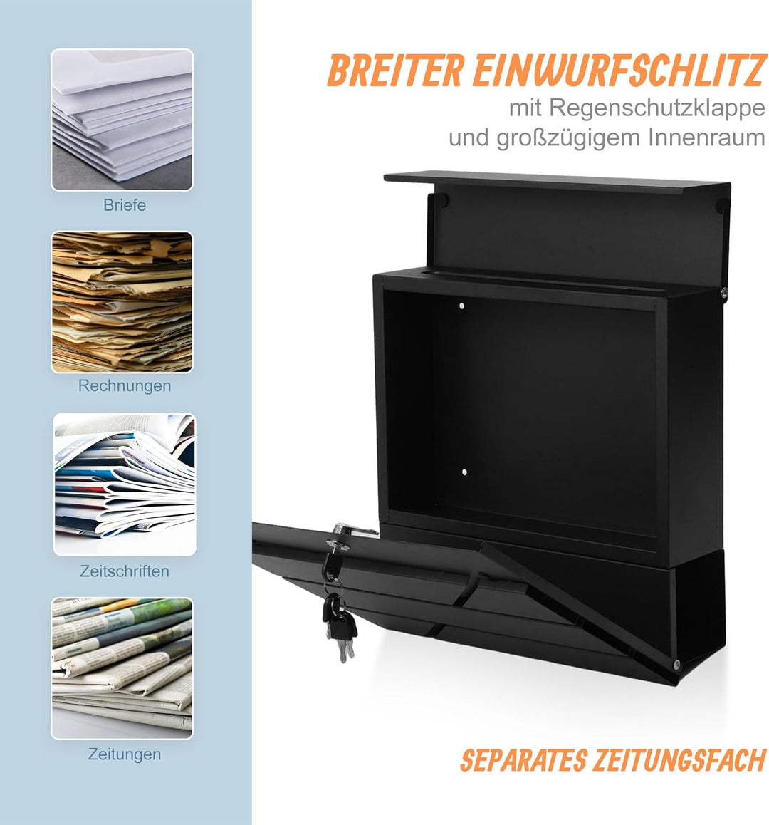 Relaxdays Briefkasten mit Zeitungsfach, HBT: 37 x 37 x 11 cm, DIN C4, wetterfest, 4 Schlüssel, Postk