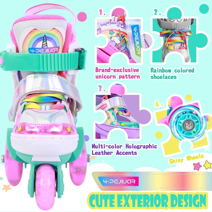 Kinder Einhorn Rollschuhe für Mädchen.Geeignet für 3-6 Jahre alt. Mit Leuchtenden Rädern,4-Pejiijar