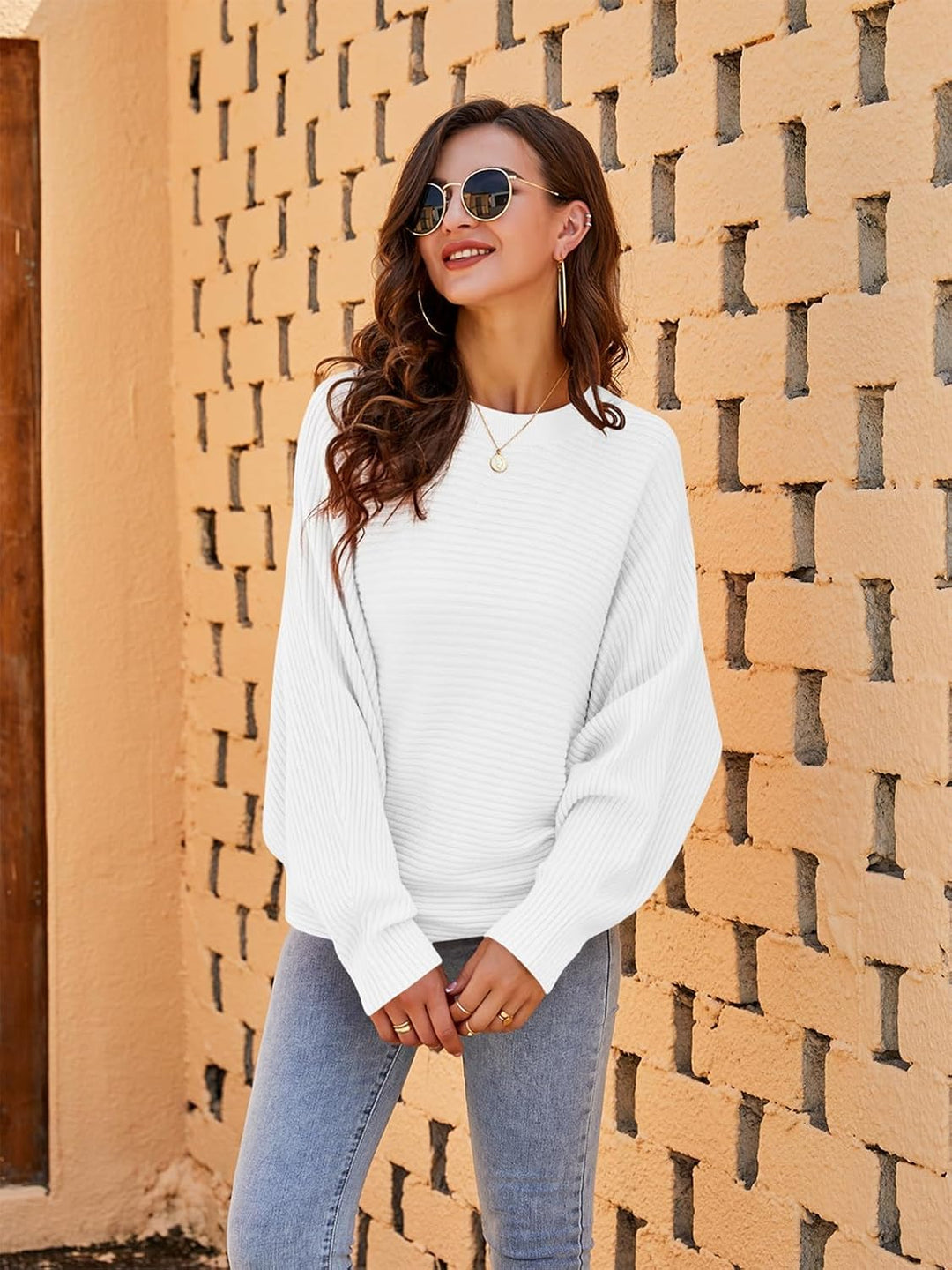 Fessceruna Damen Pullover Oversize Fledermausärmel Strickpullover Winter Rundhals Pulli Geripptes Sw