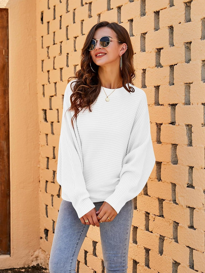 Fessceruna Damen Pullover Oversize Fledermausärmel Strickpullover Winter Rundhals Pulli Geripptes Sw