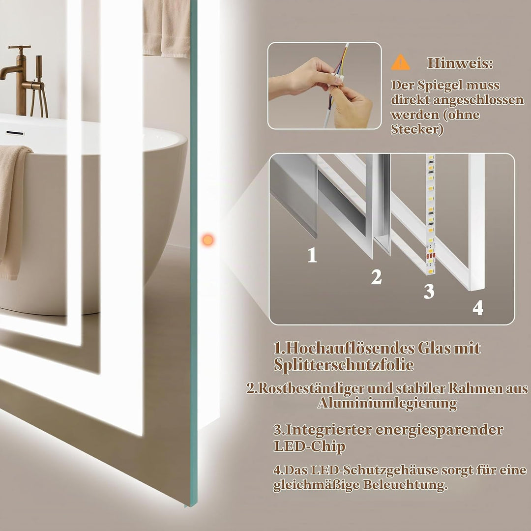 Badspiegel-mit-Beleuchtung 80x60 - LED Badezimmerspiegel mit Bluetooth - Badezimmer Spiegel mit Bele