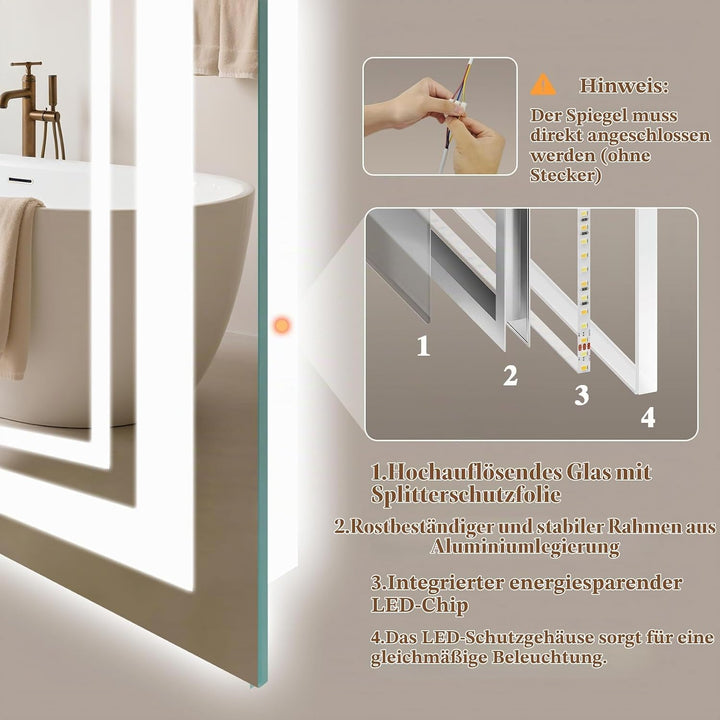Badspiegel-mit-Beleuchtung 80x60 - LED Badezimmerspiegel mit Bluetooth - Badezimmer Spiegel mit Bele