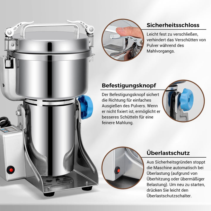 Elektrische Getreidemühle Mühle, 500g Kommerzielle Gewürzmühle 1400W Edelstahl Pulverisator Trockenm