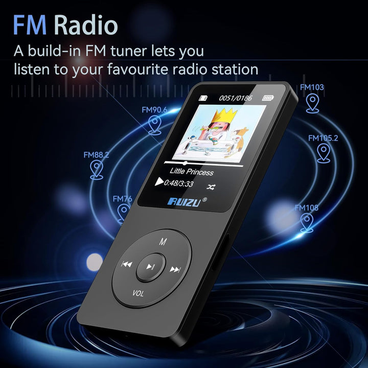 16GB MP3 Player mit Bluetooth 5.3, Ultraleicht (30 Gramm), bis zu 80 Stunden Akkulaufzeit, 1.8-Zoll-
