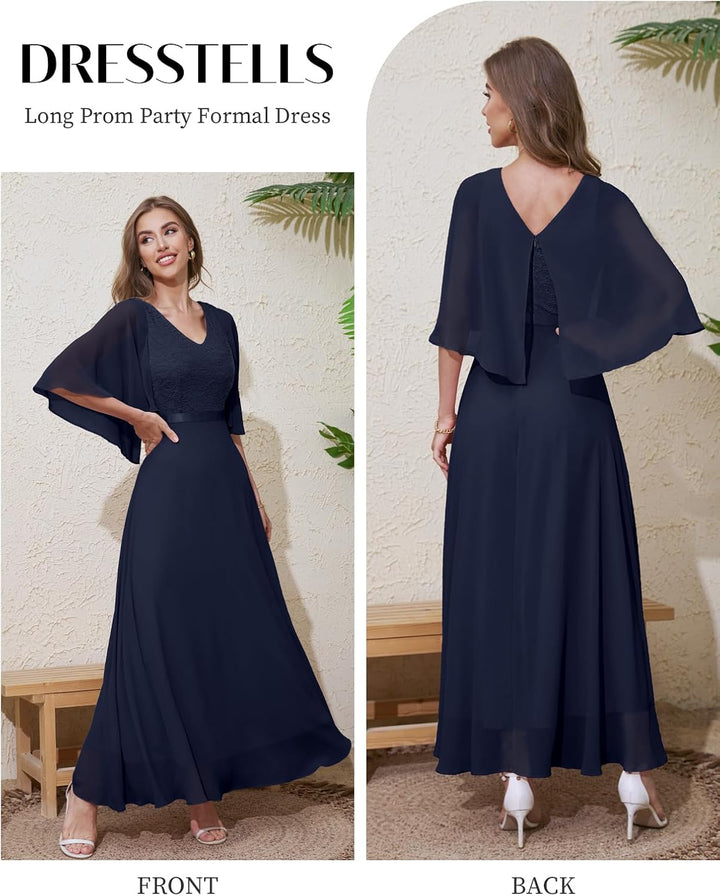 DRESSTELLS Damen Abendkleider Hochzeitsgast Chiffon Cape Ärmel Brautjungfer Kleider Cocktailkleid fü