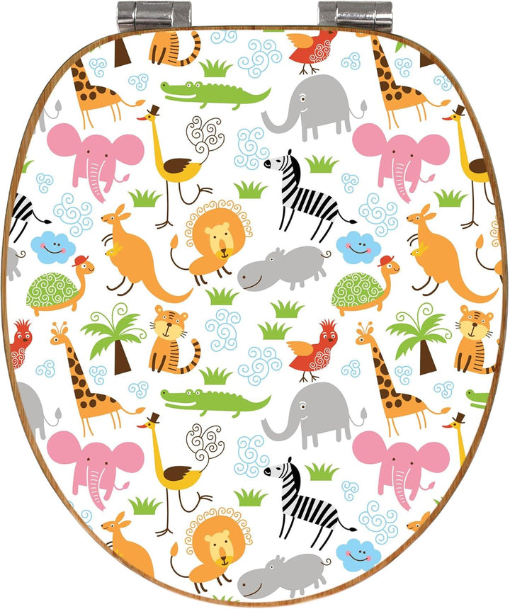 banjado® Design WC Sitz Bambus Absenkautomatik mit Motiv Fröhliche Tiere/Toilettendeckel mit Absenka