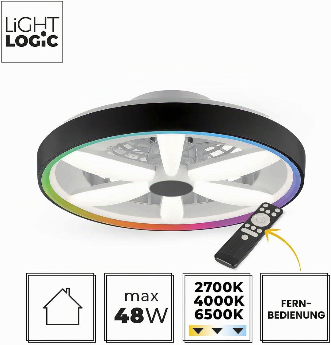 Deckenventilator mit Beleuchtung 48W - Ø 48cm, dimmbare LED Deckenleuchte mit Ventilator, RGB, warm-