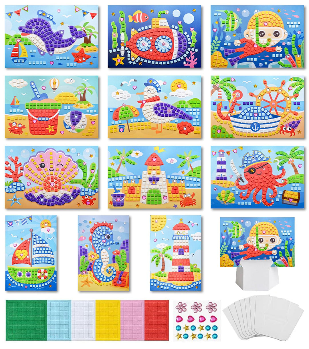 12 Stück Mosaik Bastelset für Kinder, Klebebilder Basteln Frühling DIY Mosaike Aufkleber, Sticky Mos