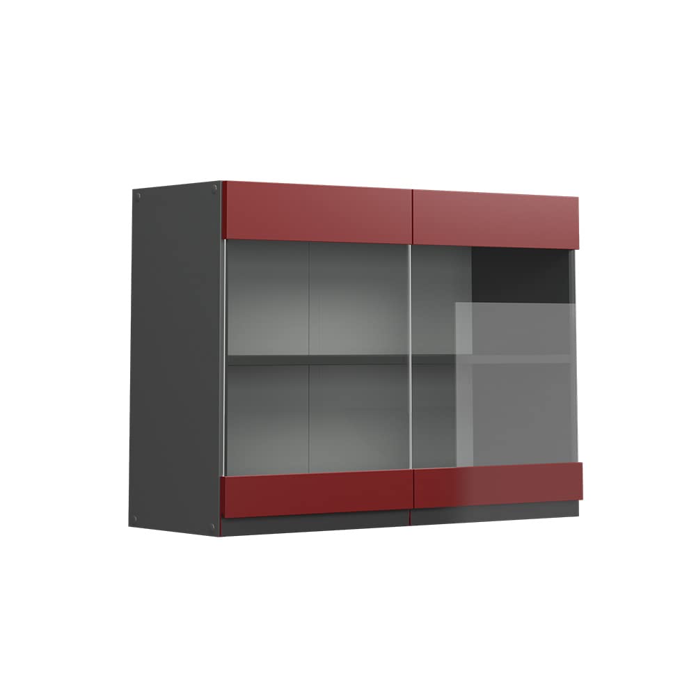 Vicco Küchenschrank Glas R-Line, Rot/Anthrazit, 80 cm J-Shape Rot Hängeglasschrank 80 cm, Rot Hängeg