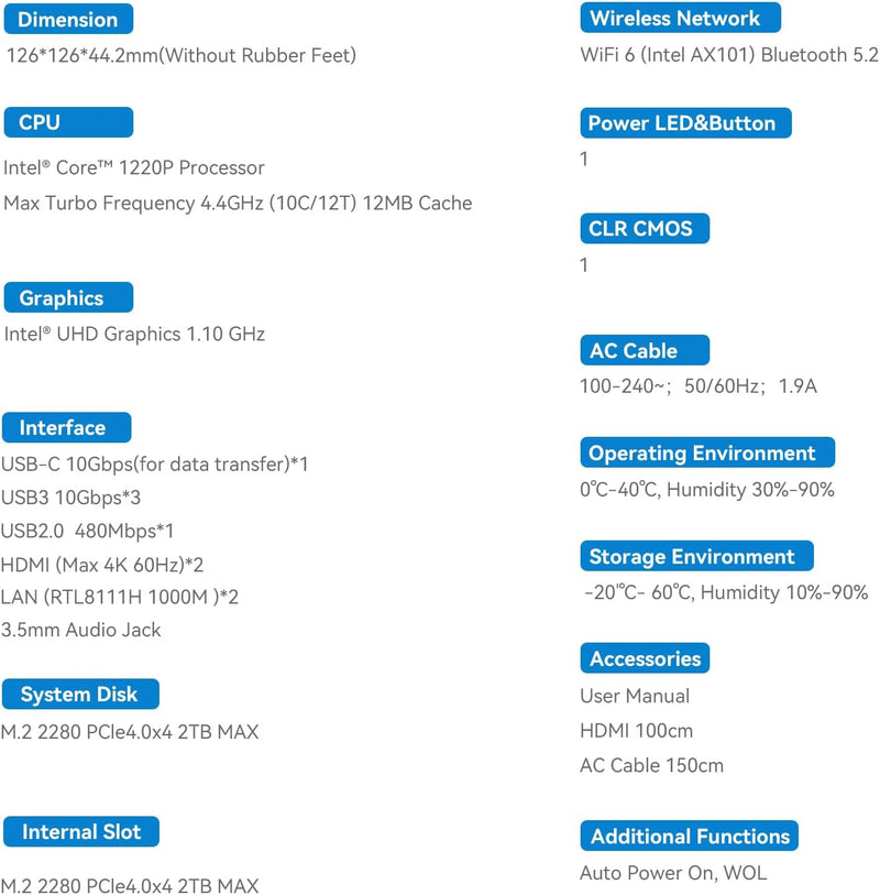 Beelink EQi12 Mini PC, Intel Core i3 1220P (10C/12T, bis zu 4,4GHz), 24GB LPDDR5 RAM 500GB M.2 SSD,